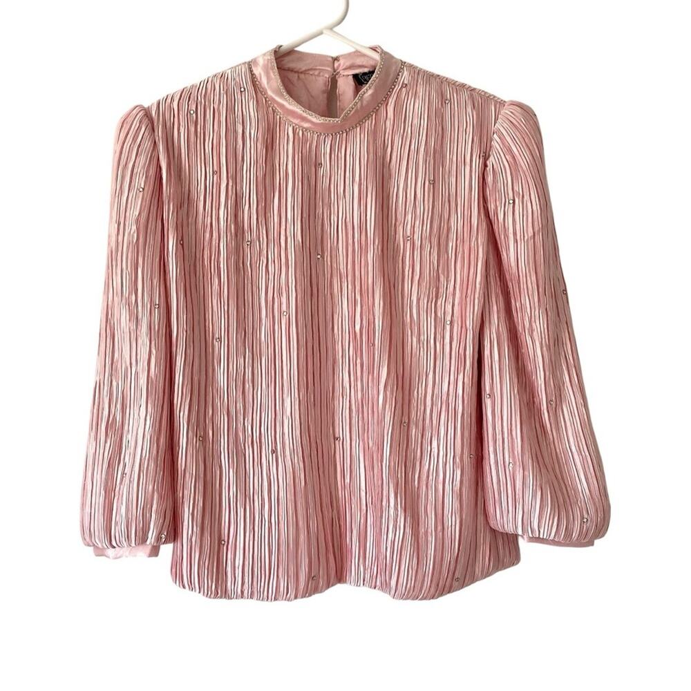 Vintage Pierre Labiche Paris New York Pink Crinkle Pleated Rhinestone Blouse